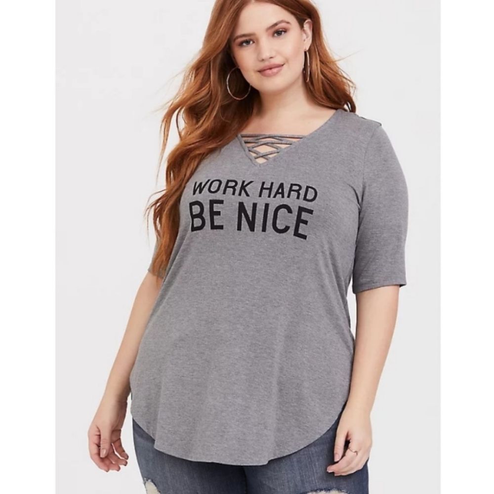 Torrid Super Soft Grey Graphic Work Hard Be Nice V-Neck Strappy Tunic Tee Size 3